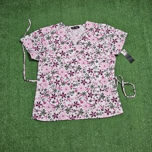 Floral Pink and Gray Scrub Top